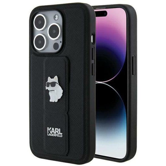 Karl Lagerfeld KLHCP14XGSACHPK iPhone 14 Pro Max 6.7" fekete keménytok Gripstand Saffiano Choupette kitűző