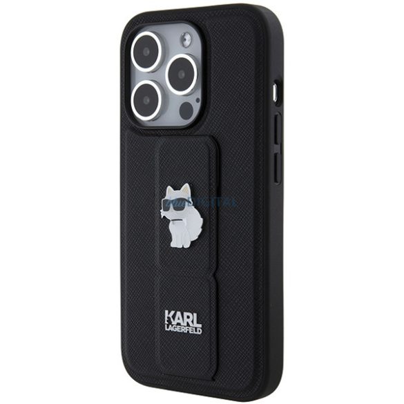 Karl Lagerfeld KLHCP14XGSACHPK iPhone 14 Pro Max 6.7" fekete keménytok Gripstand Saffiano Choupette kitűző