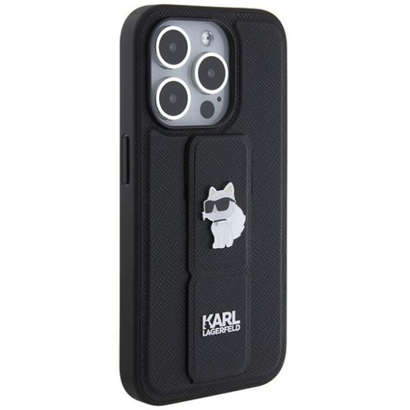 Karl Lagerfeld KLHCP14XGSACHPK iPhone 14 Pro Max 6.7" fekete keménytok Gripstand Saffiano Choupette kitűző