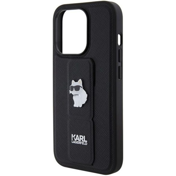 Karl Lagerfeld KLHCP14XGSACHPK iPhone 14 Pro Max 6.7" fekete keménytok Gripstand Saffiano Choupette kitűző