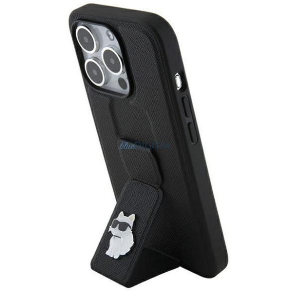 Karl Lagerfeld KLHCP14XGSACHPK iPhone 14 Pro Max 6.7" fekete keménytok Gripstand Saffiano Choupette kitűző