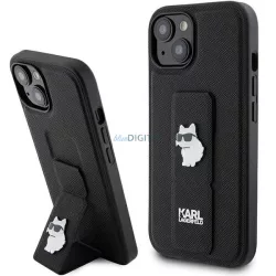   Karl Lagerfeld KLHCP15SGSACHPK iPhone 15 6.1" fekete keménytok Gripstand Saffiano Choupette kitűzős