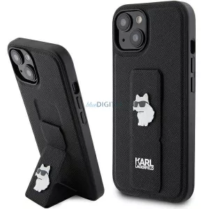 Karl Lagerfeld KLHCP15SGSACHPK iPhone 15 6.1" fekete keménytok Gripstand Saffiano Choupette kitűzős