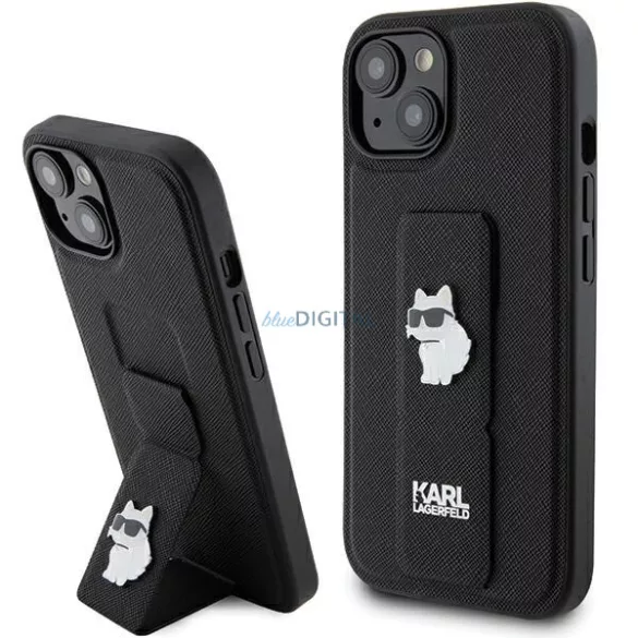 Karl Lagerfeld KLHCP15SGSACHPK iPhone 15 6.1" fekete keménytok Gripstand Saffiano Choupette kitűzős