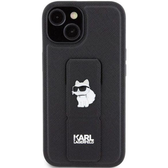 Karl Lagerfeld KLHCP15SGSACHPK iPhone 15 / 14 / 13 6.1" fekete keménytok Gripstand Saffiano Choupette kitűzős