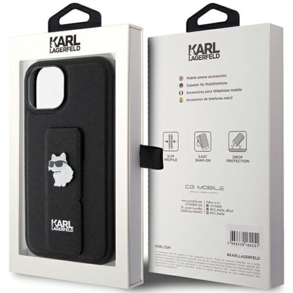 Karl Lagerfeld KLHCP15SGSACHPK iPhone 15 / 14 / 13 6.1" fekete keménytok Gripstand Saffiano Choupette kitűzős