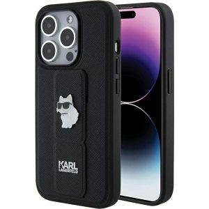 Karl Lagerfeld KLHCP15LGSACHPK iPhone 15 Pro 6.1" fekete keménytok Gripstand Saffiano Choupette kitűző