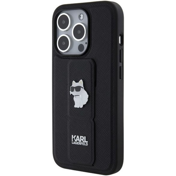 Karl Lagerfeld KLHCP15LGSACHPK iPhone 15 Pro 6.1" fekete keménytok Gripstand Saffiano Choupette kitűző