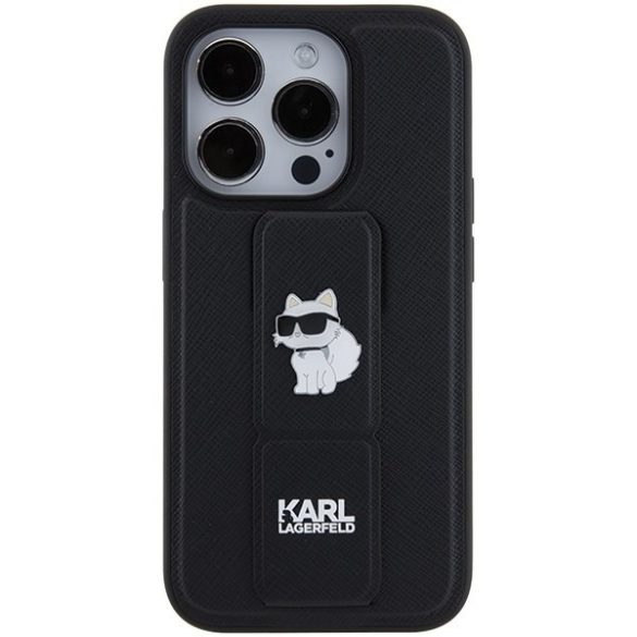 Karl Lagerfeld KLHCP15LGSACHPK iPhone 15 Pro 6.1" fekete keménytok Gripstand Saffiano Choupette kitűző