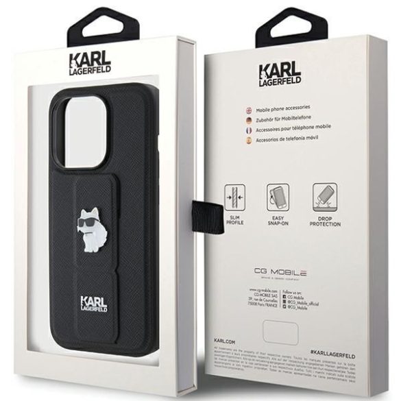 Karl Lagerfeld KLHCP15LGSACHPK iPhone 15 Pro 6.1" fekete keménytok Gripstand Saffiano Choupette kitűző