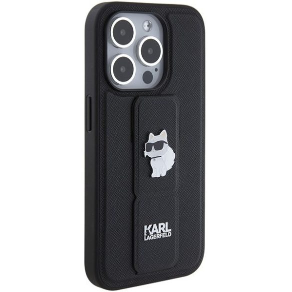 Karl Lagerfeld KLHCP15XGSACHPK iPhone 15 Pro Max 6.7" fekete keménytok Gripstand Saffiano Choupette kitűző 