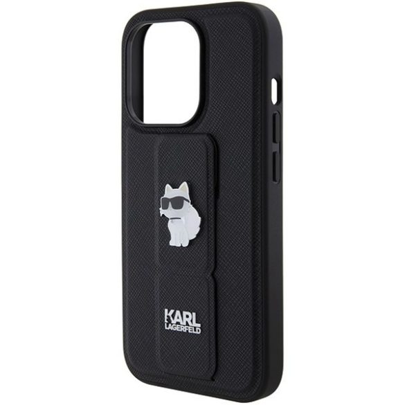 Karl Lagerfeld KLHCP15XGSACHPK iPhone 15 Pro Max 6.7" fekete keménytok Gripstand Saffiano Choupette kitűző 