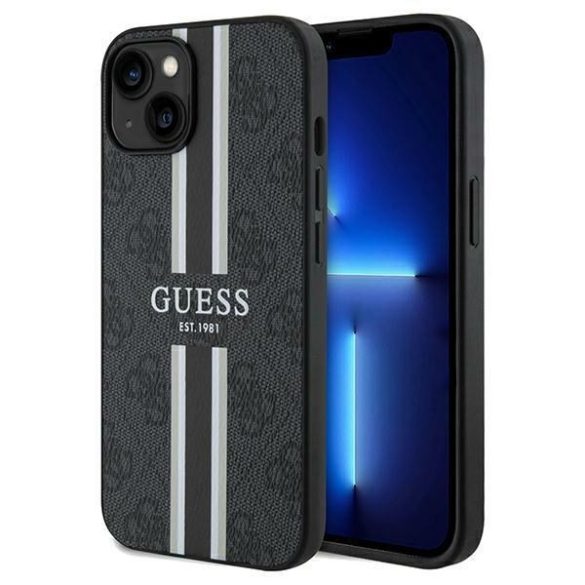 Guess GUHMP15SP4RPSK iPhone 15 / 14 / 13 6.1" fekete keménytok 4G nyomtatott csíkos MagSafe tok 4G