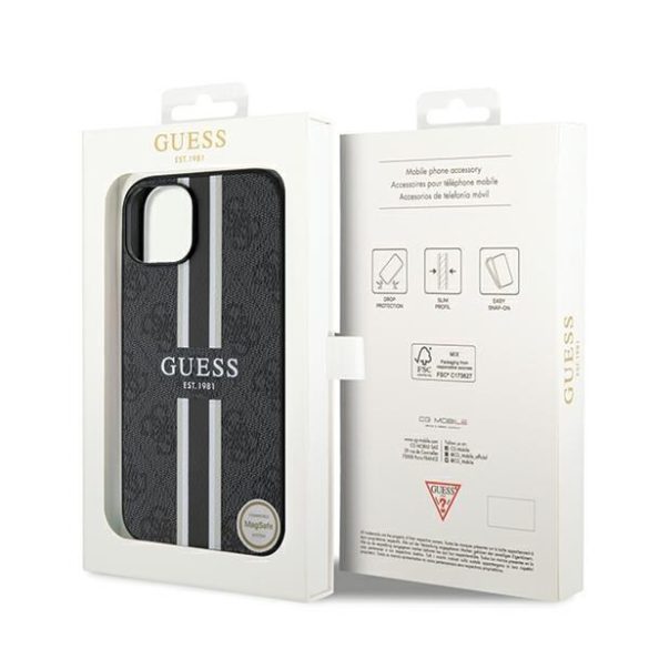 Guess GUHMP15SP4RPSK iPhone 15 / 14 / 13 6.1" fekete keménytok 4G nyomtatott csíkos MagSafe tok 4G