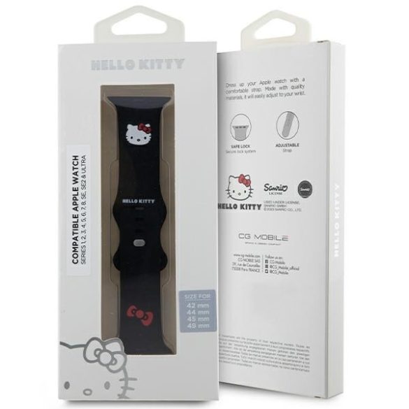 Hello Kitty óraszíj HKAWLSCHBLK Apple Watch 42/44/45/49mm fekete szíj Szilikon Kitty Head