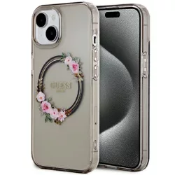   Guess GUHMP15SHFWFCK iPhone 15 6.1" fekete keménytok IML Virágkoszorú MagSafe