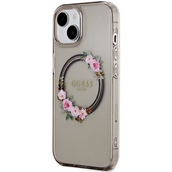 Guess GUHMP15SHFWFCK iPhone 15 6.1" fekete keménytok IML Virágkoszorú MagSafe