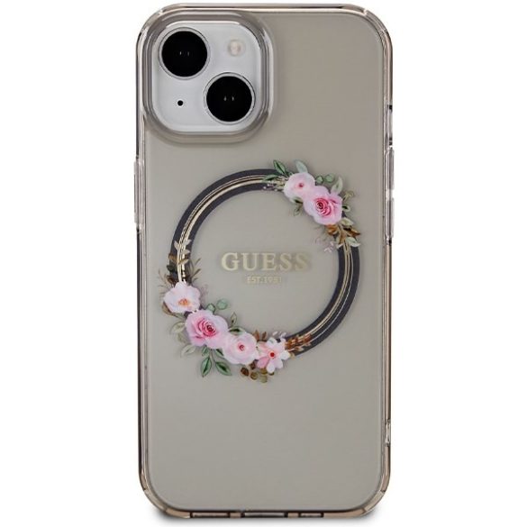 Guess GUHMP15SHFWFCK iPhone 15 6.1" fekete keménytok IML Virágkoszorú MagSafe