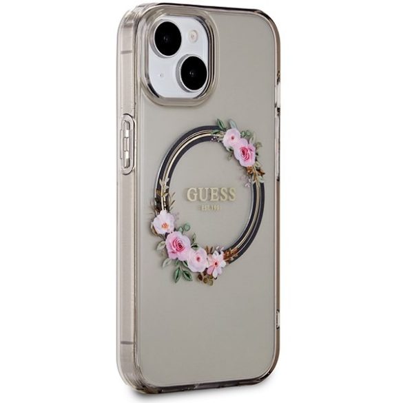 Guess GUHMP15SHFWFCK iPhone 15 6.1" fekete keménytok IML Virágkoszorú MagSafe