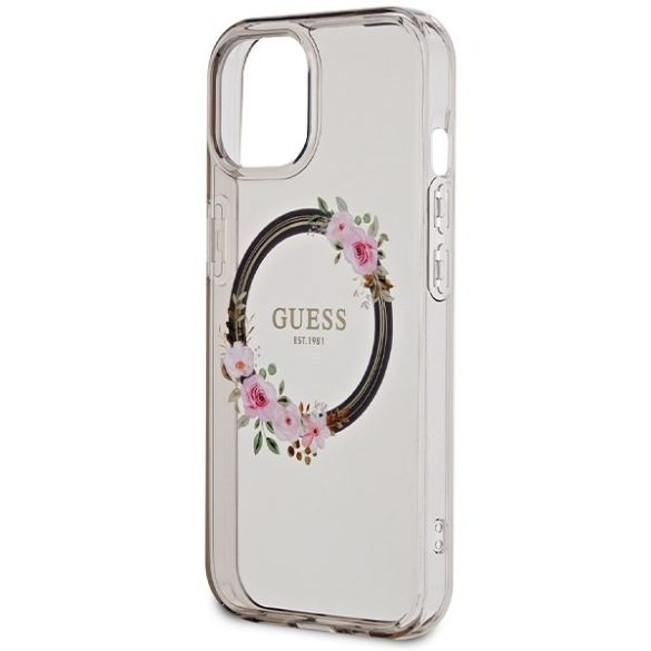 Guess GUHMP15SHFWFCK iPhone 15 6.1" fekete keménytok IML Virágkoszorú MagSafe