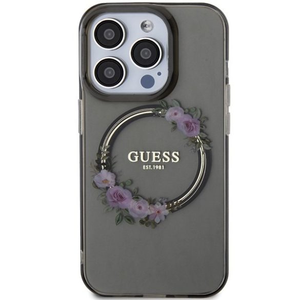 Guess GUHMP15LHFWFCK iPhone 15 Pro 6.1" fekete keménytok IML Virágkoszorú MagSafe