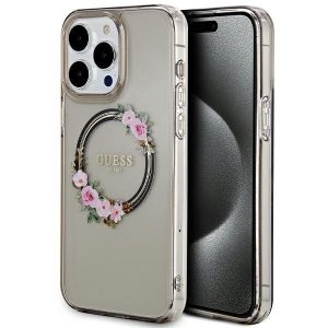 Guess GUHMP15XHFWFCK iPhone 15 Pro Max 6.7" fekete keménytok IML Virágkoszorú MagSafe