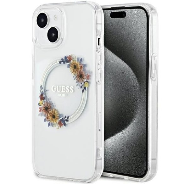 Guess GUHMP15SHFWFCT iPhone 15 / 14 / 13 6.1" átlátszó keménytok IML Virágkoszorú MagSafe