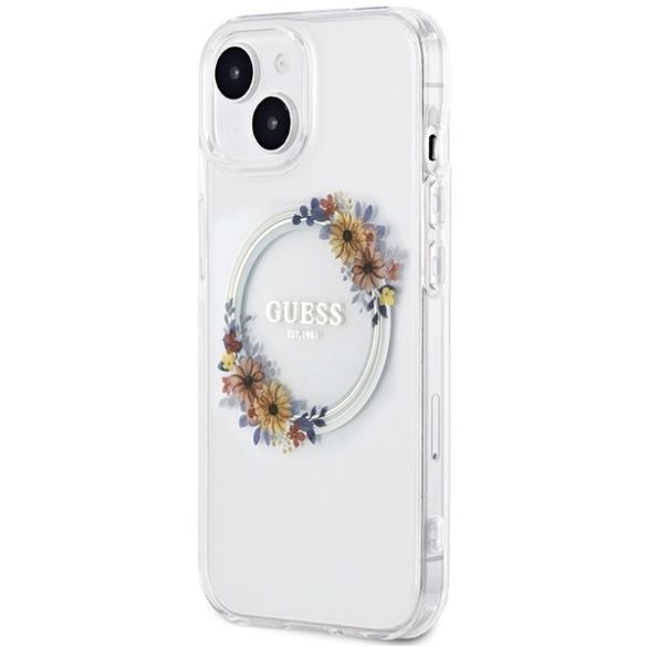 Guess GUHMP15SHFWFCT iPhone 15 / 14 / 13 6.1" átlátszó keménytok IML Virágkoszorú MagSafe