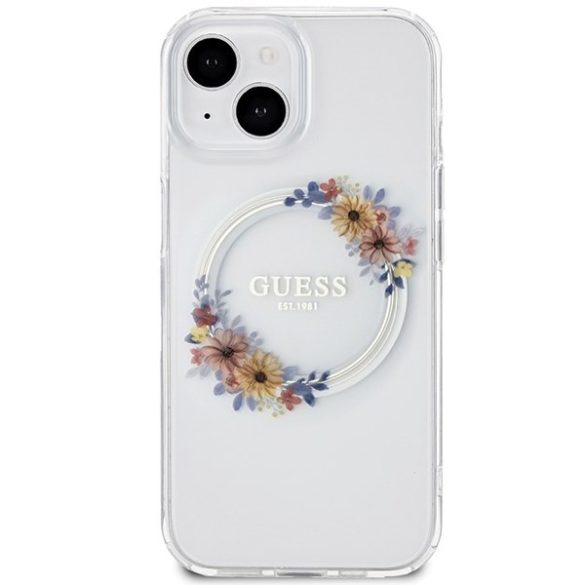 Guess GUHMP15SHFWFCT iPhone 15 / 14 / 13 6.1" átlátszó keménytok IML Virágkoszorú MagSafe