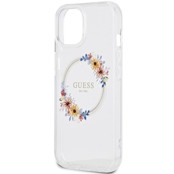 Guess GUHMP15SHFWFCT iPhone 15 / 14 / 13 6.1" átlátszó keménytok IML Virágkoszorú MagSafe