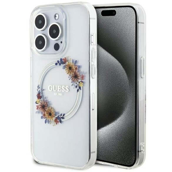 Guess GUHMP15LHFWFCT iPhone 15 Pro 6.1" átlátszó keménytok IML Virágkoszorú MagSafe