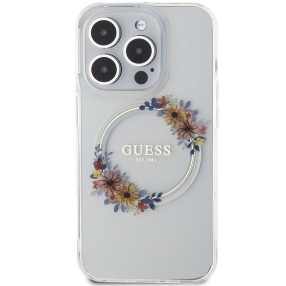 Guess GUHMP15LHFWFCT iPhone 15 Pro 6.1" átlátszó keménytok IML Virágkoszorú MagSafe