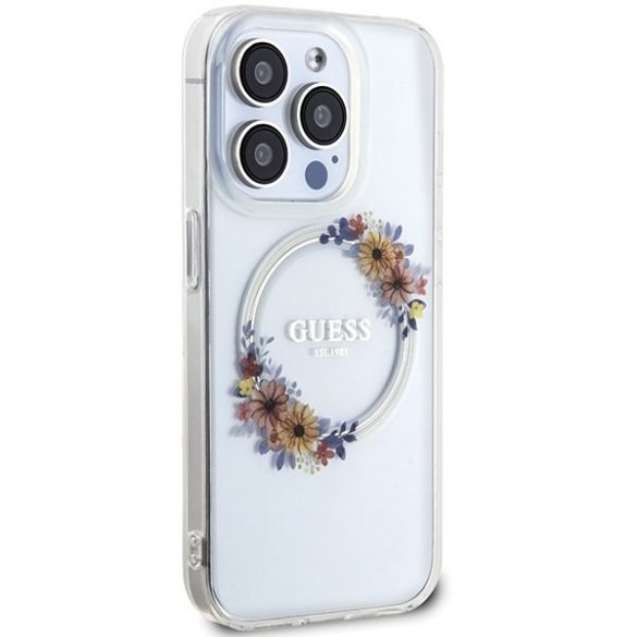 Guess GUHMP15LHFWFCT iPhone 15 Pro 6.1" átlátszó keménytok IML Virágkoszorú MagSafe