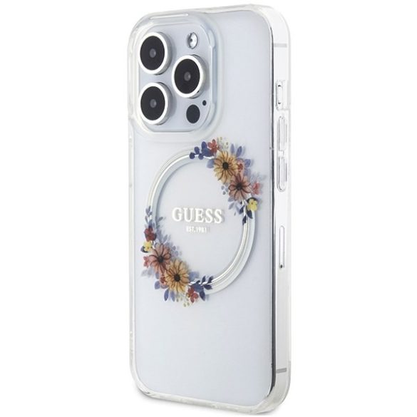 Guess GUHMP15XHFWFCT iPhone 15 Pro Max 6.7" átlátszó keménytok IML Virágkoszorú MagSafe