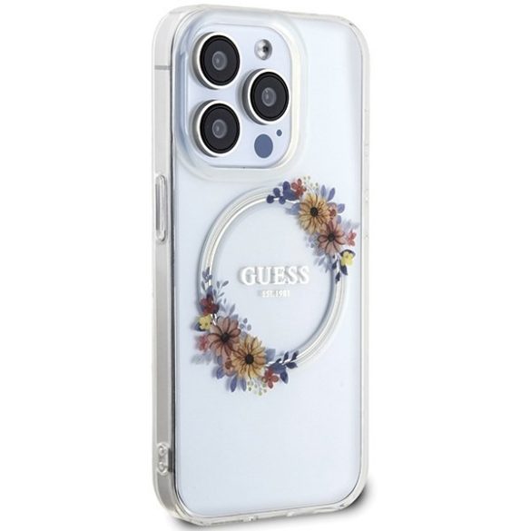 Guess GUHMP15XHFWFCT iPhone 15 Pro Max 6.7" átlátszó keménytok IML Virágkoszorú MagSafe