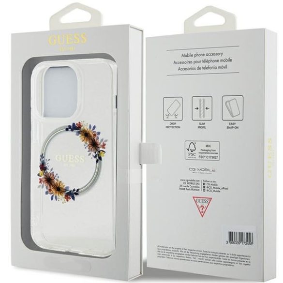 Guess GUHMP15XHFWFCT iPhone 15 Pro Max 6.7" átlátszó keménytok IML Virágkoszorú MagSafe