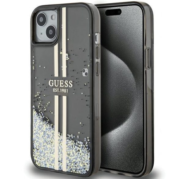 Guess GUHCP15SLFCSEGK iPhone 15 / 14 / 13 6.1" fekete keménytok Liquid Glitter Gold Stripes