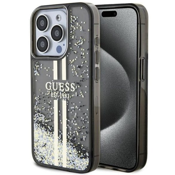 Guess GUHCP15LLFCSEGK iPhone 15 Pro 6.1" fekete keménytok Liquid Glitter Gold Stripes