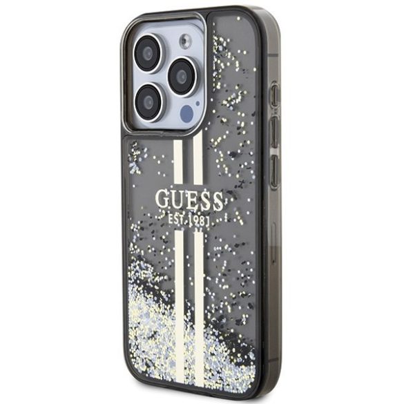 Guess GUHCP15LLFCSEGK iPhone 15 Pro 6.1" fekete keménytok Liquid Glitter Gold Stripes