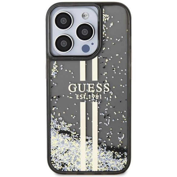 Guess GUHCP15LLFCSEGK iPhone 15 Pro 6.1" fekete keménytok Liquid Glitter Gold Stripes