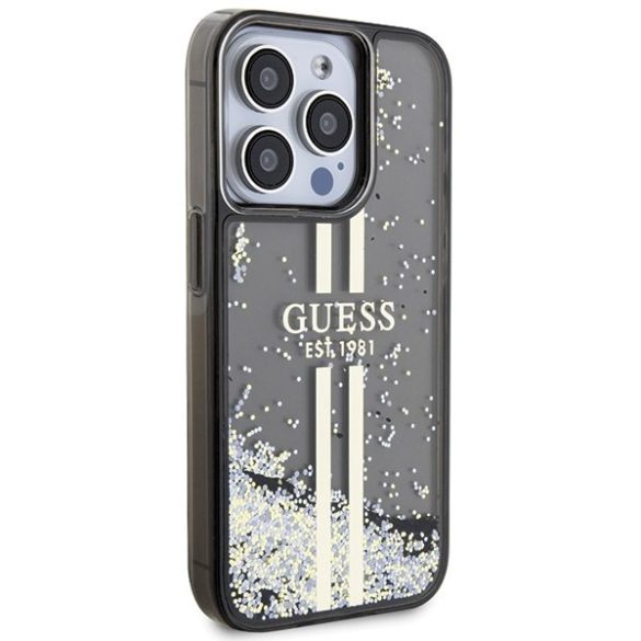 Guess GUHCP15LLFCSEGK iPhone 15 Pro 6.1" fekete keménytok Liquid Glitter Gold Stripes