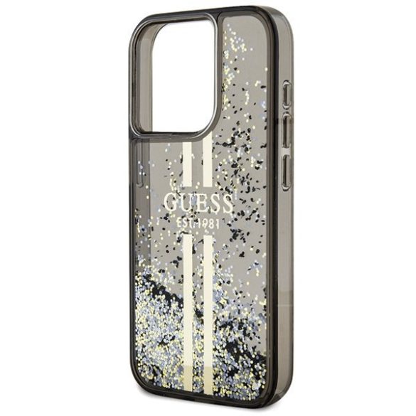 Guess GUHCP15LLFCSEGK iPhone 15 Pro 6.1" fekete keménytok Liquid Glitter Gold Stripes