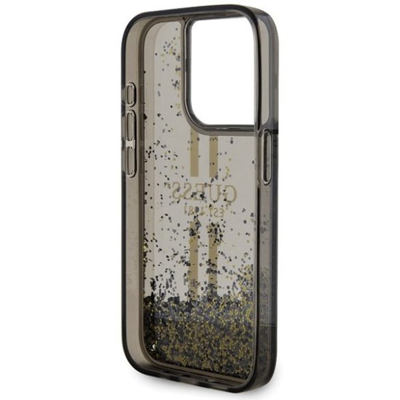 Guess GUHCP15LLFCSEGK iPhone 15 Pro 6.1" fekete keménytok Liquid Glitter Gold Stripes