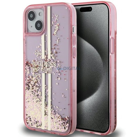 Guess GUHCP15SLFCSEGP iPhone 15 / 14 / 13 6.1" rózsaszín keménytok Liquid Glitter Gold Stripes
