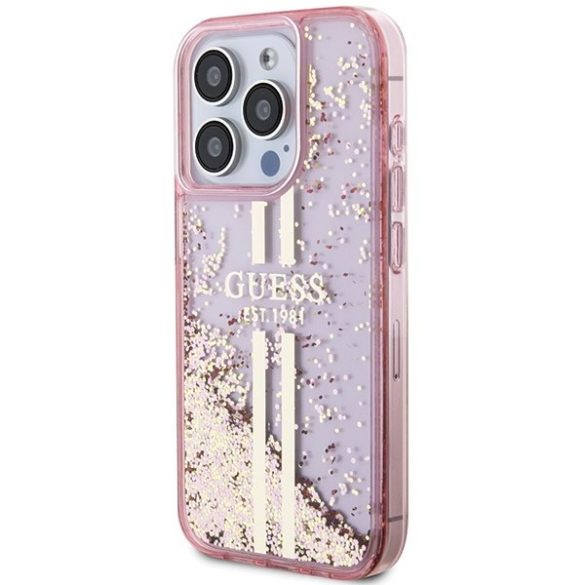 Guess GUHCP15LLFCSEGP iPhone 15 Pro 6.1" rózsaszín keménytok Liquid Glitter Gold Stripes