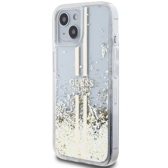 Guess GUHCP15SLFCSEGT iPhone 15 / 14 / 13 6.1" átlátszó keménytok Liquid Glitter Gold Stripes