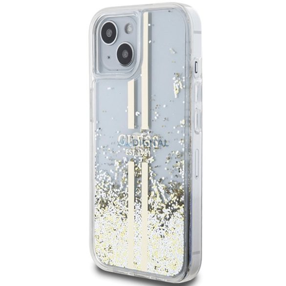 Guess GUHCP15SLFCSEGT iPhone 15 / 14 / 13 6.1" átlátszó keménytok Liquid Glitter Gold Stripes