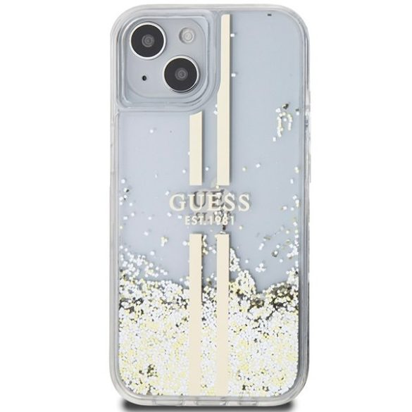 Guess GUHCP15SLFCSEGT iPhone 15 / 14 / 13 6.1" átlátszó keménytok Liquid Glitter Gold Stripes