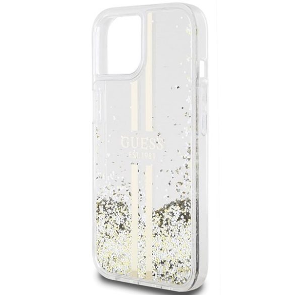 Guess GUHCP15SLFCSEGT iPhone 15 / 14 / 13 6.1" átlátszó keménytok Liquid Glitter Gold Stripes