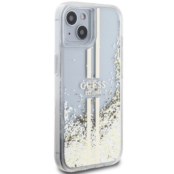 Guess GUHCP15MLFCSEGT iPhone 15 Plus / 14 Plus 6.7" átlátszó keménytok Liquid Glitter Gold Stripes